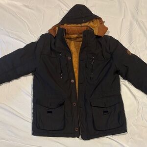 Black Hooded Parka with Brown Fleece Lining